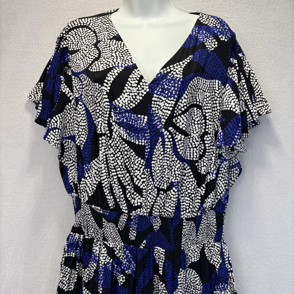 Chico's 3 Flutter Sleeve Maxi Fit Flare Dress Womens 16 Black Blue Floral Lined - Picture 4 of 15
